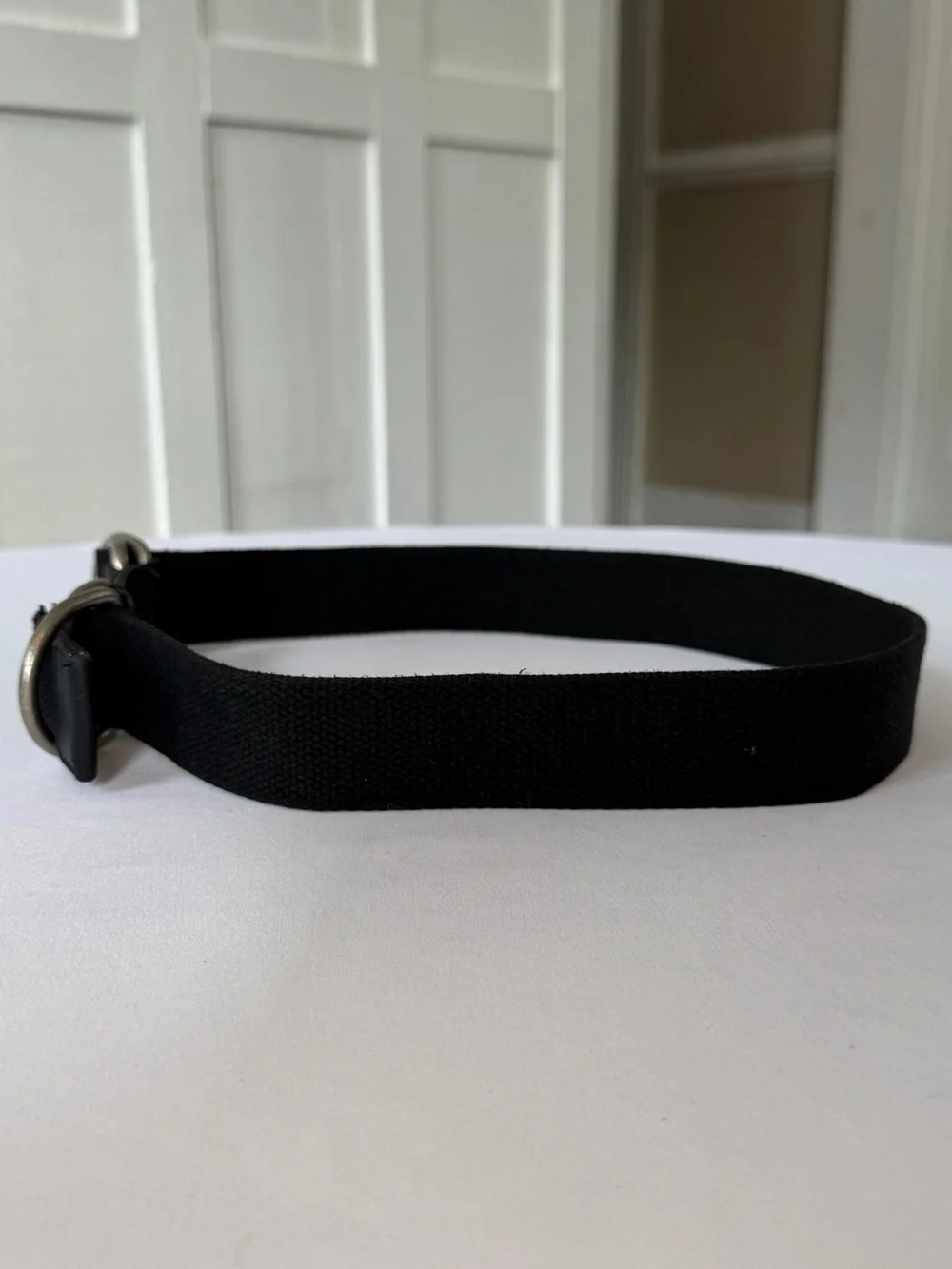 Norma Kamali Wide Double D-Ring Web Belt Black Leather Fabric Silver Buckle S